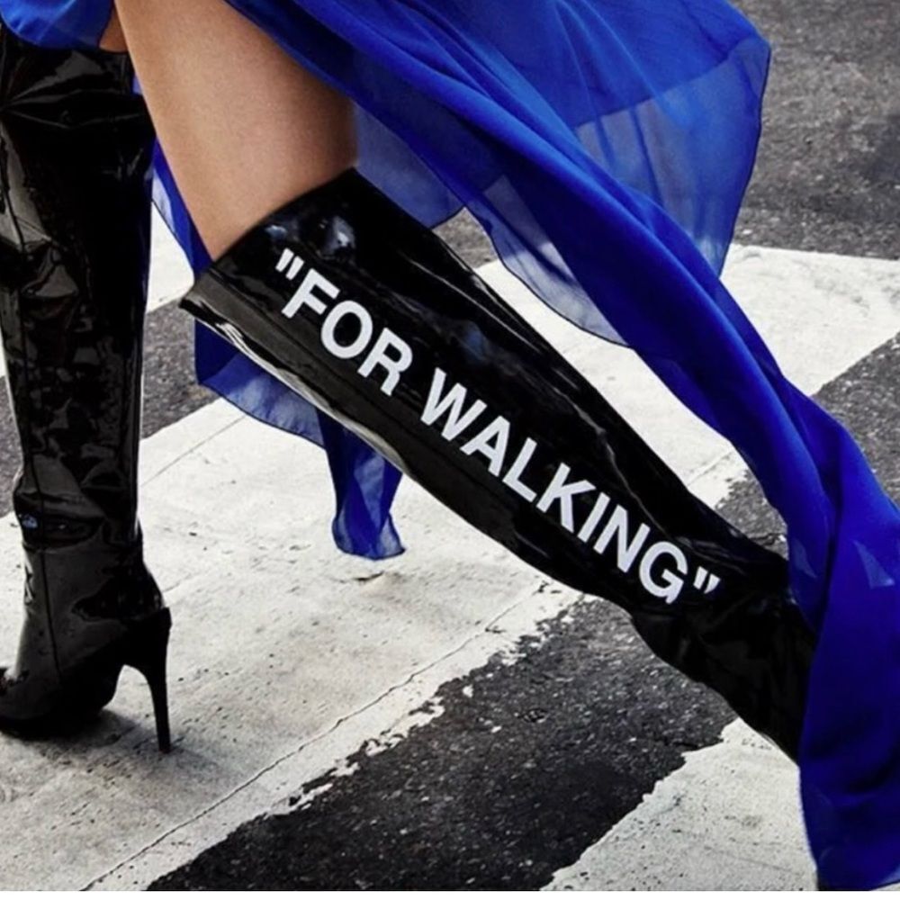 OFF WHITE “For Walking” Over The Knee Boots runway heels logo shoes Virgil abloh